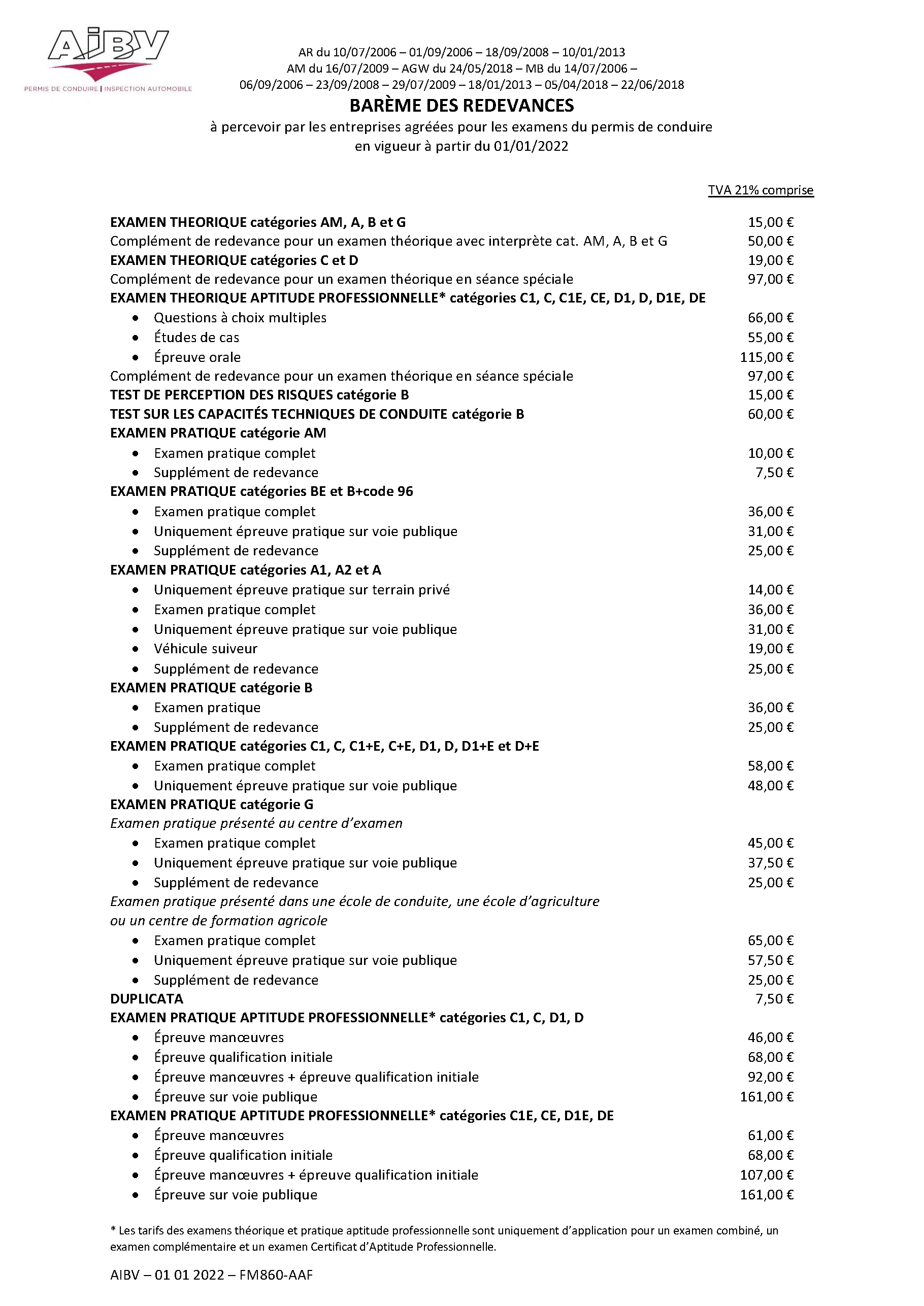 Tarifs permis de conduire AIBV SA